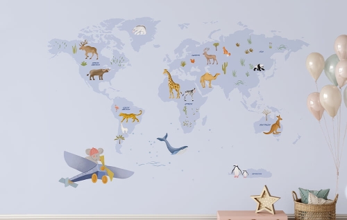 fototapeta scienna-tapeta-mapa świata-mapa-zwierzęta-tapety do pokoju dziecka-niebieski.jpg
