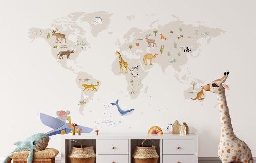 fototapeta scienna-tapeta-mapa świata-mapa-zwierzęta-tapety do pokoju dziecka-beż sciana.jpg