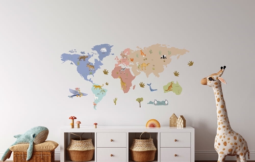 naklejka mapa-naklejka scienna do pokoju dziecka-mapa-naklejka ze zwierzetami swiata-naklejka do pokoju dziecka.pl