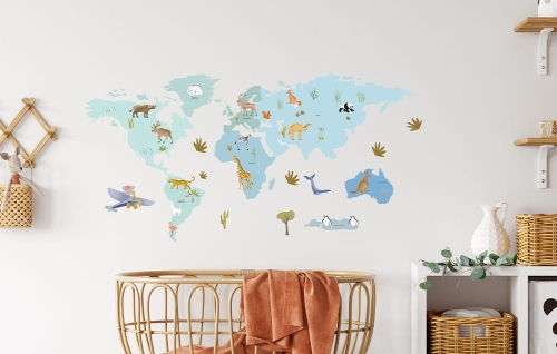 naklejka mapa-naklejka scienna do pokoju dziecka-mapa-naklejka ze zwierzetami swiata niebieska-naklejka do pokoju dziecka.pl