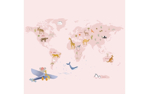 fototapeta scienna-tapeta-mapa świata-mapa-zwierzęta-tapety do pokoju dziecka-różowy-wzor.jpg