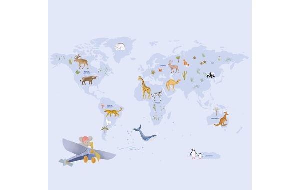 fototapeta scienna-tapeta-mapa świata-mapa-zwierzęta-tapety do pokoju dziecka-niebieski-mapa.jpg