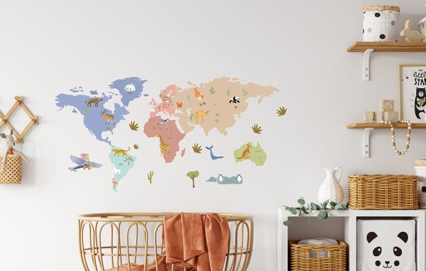 naklejka mapa-naklejka scienna do pokoju dziecka-mapa-naklejka ze zwierzetami swiata-naklejka do pokoju niemowlaka.pl