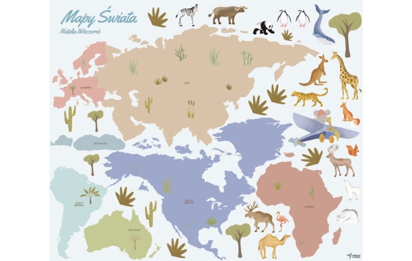 naklejka mapa-naklejka scienna do pokoju dziecka-mapa-naklejka ze zwierzetami swiata-naklejka do pokoju dziecka-widok.pl