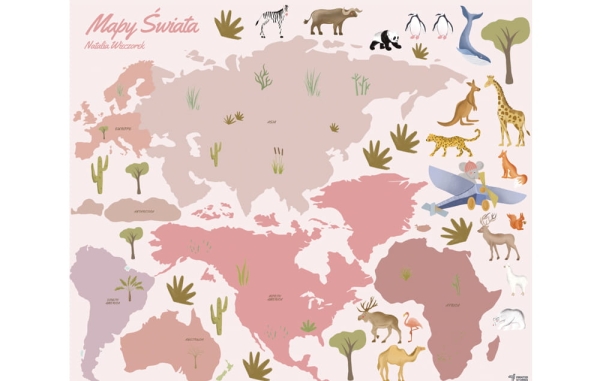 naklejka mapa-naklejka scienna do pokoju dziecka-mapa-naklejka ze zwierzetami swiata-naklejka do pokoju dziecka-rozowa