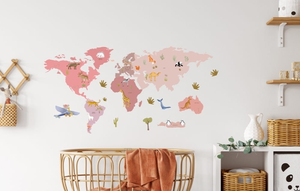 naklejka mapa-naklejka scienna do pokoju dziecka-mapa-naklejka ze zwierzetami swiata-naklejka do pokoju dziecka-rozowe