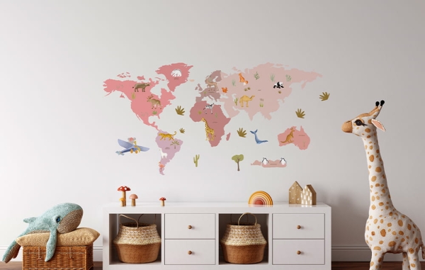 naklejka mapa-naklejka scienna do pokoju dziecka-mapa-naklejka ze zwierzetami swiata-naklejka do pokoju dziecka-widok