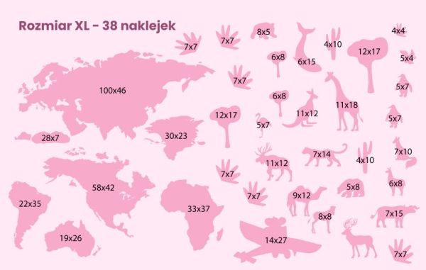 naklejka mapa-naklejka scienna do pokoju dziecka-mapa-naklejka ze zwierzetami swiata-naklejka do pokoju dziecka-rozmiary-rozowy