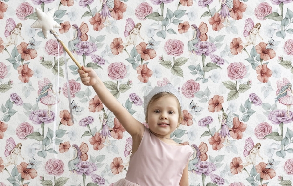 Tapeta-Kwiaty Róże-Wróżki-tapeta do pokoju dziecka-tapeta roze-tapeta dla dzieci-Biel2