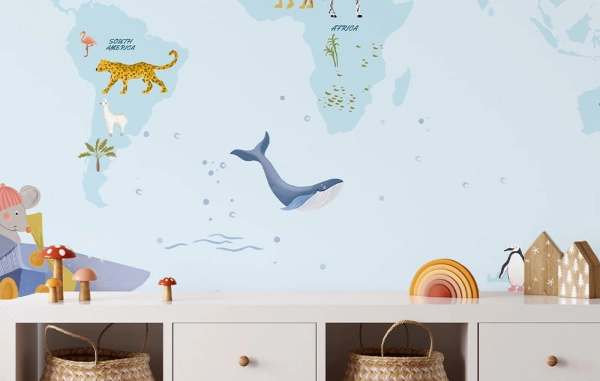 fototapeta scienna-tapeta-mapa świata-mapa-zwierzęta-tapety do pokoju dziecka-blekitny-zblizenie.jpg