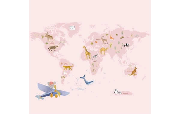 fototapeta scienna-tapeta-mapa świata-mapa-zwierzęta-tapety do pokoju dziecka-różowy-wzor.jpg