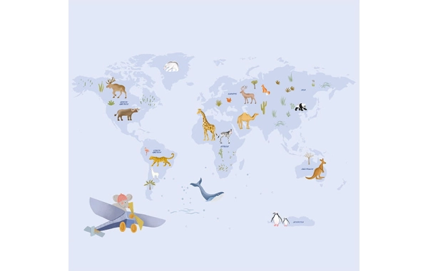 fototapeta scienna-tapeta-mapa świata-mapa-zwierzęta-tapety do pokoju dziecka-niebieski-mapa.jpg