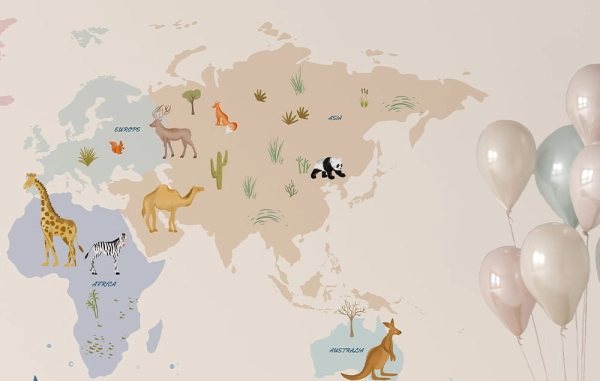 fototapeta scienna-tapeta-mapa świata-mapa-zwierzęta-tapety do pokoju dziecka-zblizenie.jpg