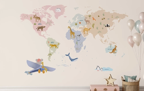 fototapeta scienna-tapeta-mapa świata-mapa-zwierzęta-tapety do pokoju dziecka.jpg