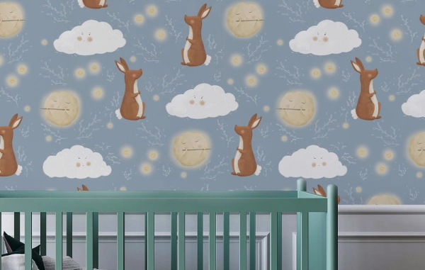 Tapeta-Noc-Las-Zwierzęta leśne-Niebo nocą-Gwiazdy-Księżyc-Tapeta dla dzieci-pokoj dziecka.jpg