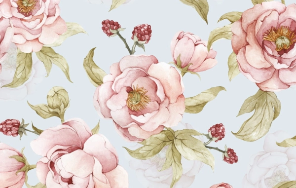Tapeta w kwiaty- Tapeta w łąkę- Tapeta boho-tapeta w kwiaty-blekitne-peonie-tapeta do pokoju dziecka.jpg