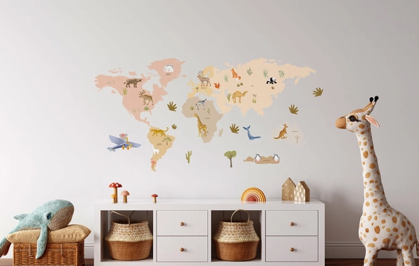 naklejka mapa-naklejka scienna do pokoju dziecka-mapa-naklejka ze zwierzetami swiata-naklejka do pokoju dziecka-sciana