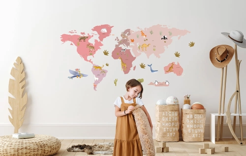 naklejka mapa-naklejka scienna do pokoju dziecka-mapa-naklejka ze zwierzetami swiata-naklejka do pokoju dziecka-rozowa