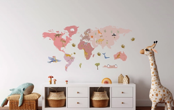 naklejka mapa-naklejka scienna do pokoju dziecka-mapa-naklejka ze zwierzetami swiata-naklejka do pokoju dziecka-widok