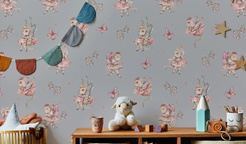 Tapeta-Zwierzęta leśne-myszka-mouse-baletnica-tapeta do pokoju dziecka-szara tapeta.jpg