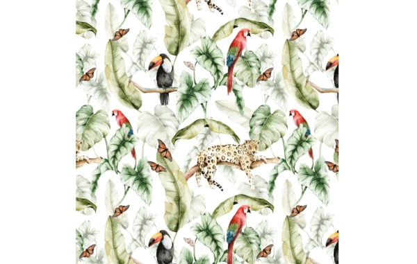 Tapeta-Zwierzęta egzotyczne-Zwierzęta-Dżungla-Safari-tapeta dzieci-tapeta do pokoju dziecka-biel-wzor.jpg