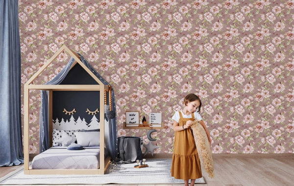 Tapeta w kwiaty- Tapeta w łąkę- Tapeta boho-tapeta w kwiaty-blekitne-peonie-tapeta do pokoju dziecka-roz2.jpg