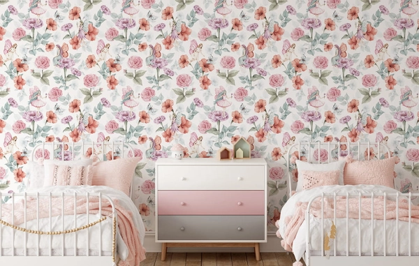 Tapeta-Kwiaty Róże-Wróżki-tapeta do pokoju dziecka-tapeta roze-tapeta dla dzieci-Biel6