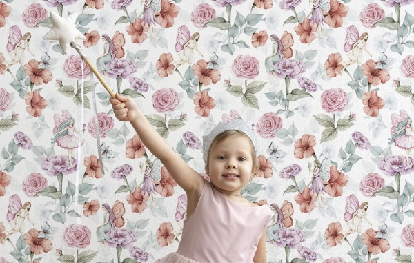 Tapeta-Kwiaty Róże-Wróżki-tapeta do pokoju dziecka-tapeta roze-tapeta dla dzieci-Biel2