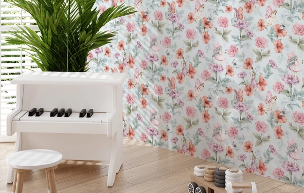 Tapeta-Kwiaty Róże-Wróżki-tapeta do pokoju dziecka-tapeta roze-tapeta dla dzieci-blekit2