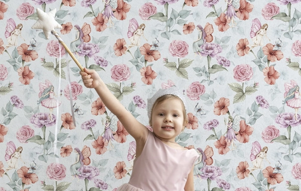 Tapeta-Kwiaty Róże-Wróżki-tapeta do pokoju dziecka-tapeta roze-tapeta dla dzieci-blekit-dziecko