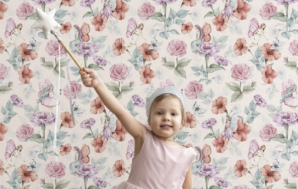 Tapeta-Kwiaty Róże-Wróżki-tapeta do pokoju dziecka-tapeta roze-tapeta dla dzieci-bez-wzor2