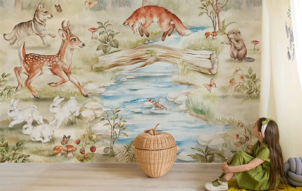 Fototapeta-Zwierzęta leśne-Las-Leśny świat-Misie-sarenka-lisek-fototapeta dla dzieci-tapeta do pokoju dziecka-strumyk-1.jpg