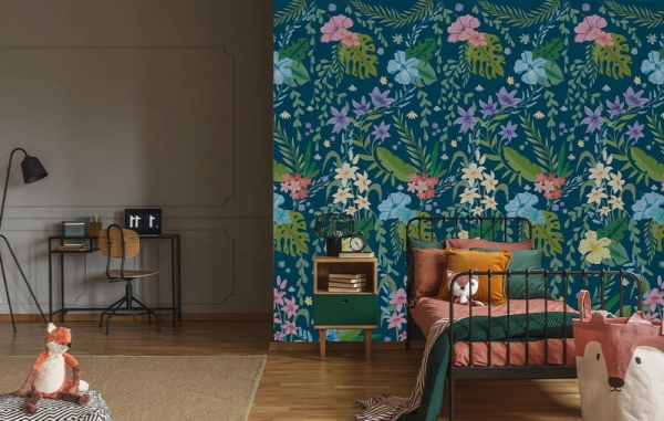 Tapeta w kwiaty- Tapeta w łąkę- Tapeta boho-Wzorzysta tapeta w kwiaty-Granat.jpg